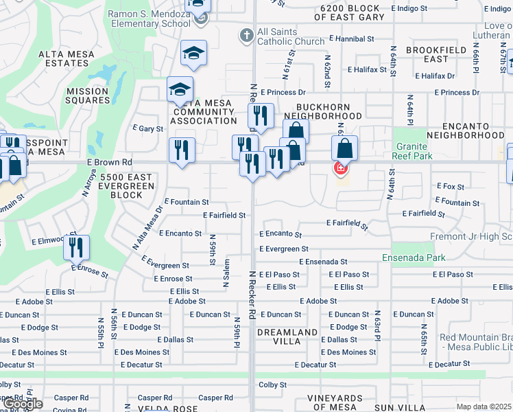map of restaurants, bars, coffee shops, grocery stores, and more near 5966 East Fairfield Street in Mesa
