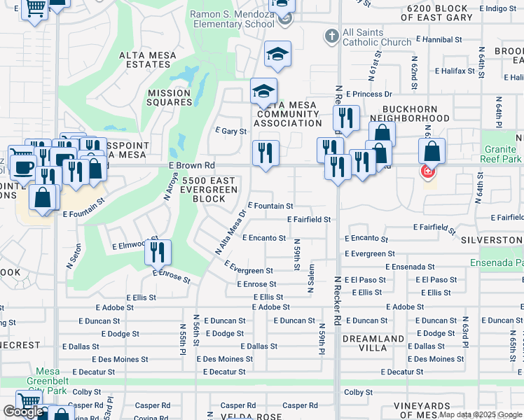map of restaurants, bars, coffee shops, grocery stores, and more near 5763 East Fountain Street in Mesa