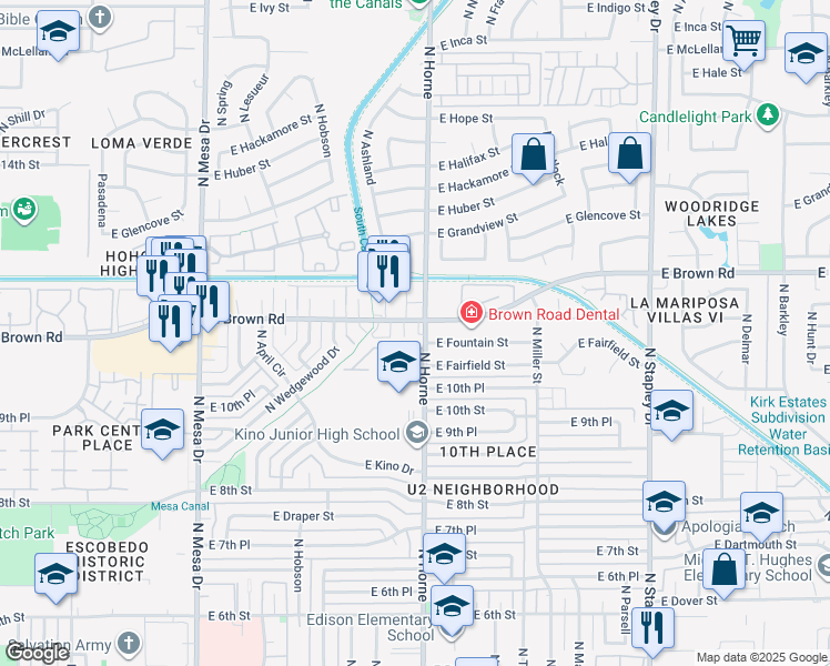 map of restaurants, bars, coffee shops, grocery stores, and more near 737 East Brown Road in Mesa