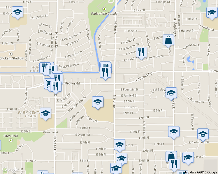 map of restaurants, bars, coffee shops, grocery stores, and more near 737 East Brown Road in Mesa