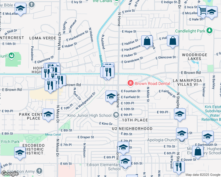 map of restaurants, bars, coffee shops, grocery stores, and more near 737 East Brown Road in Mesa