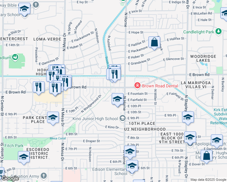 map of restaurants, bars, coffee shops, grocery stores, and more near 1050 North Horne in Mesa