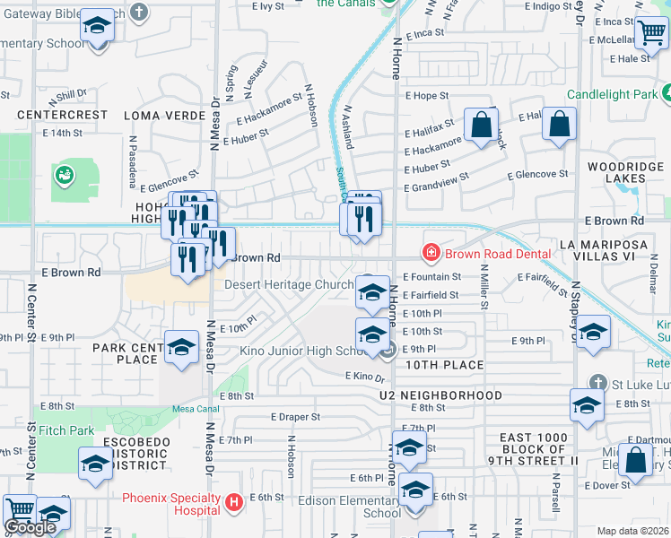 map of restaurants, bars, coffee shops, grocery stores, and more near 1101 North Wedgewood Drive in Mesa