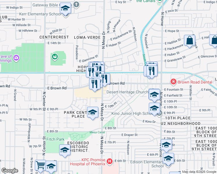map of restaurants, bars, coffee shops, grocery stores, and more near 1105-1055 North Mesa Drive in Mesa
