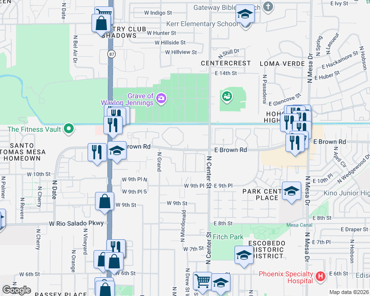 map of restaurants, bars, coffee shops, grocery stores, and more near 155 West Brown Road in Mesa