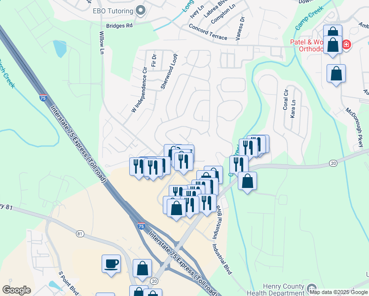 map of restaurants, bars, coffee shops, grocery stores, and more near Wren Way in McDonough