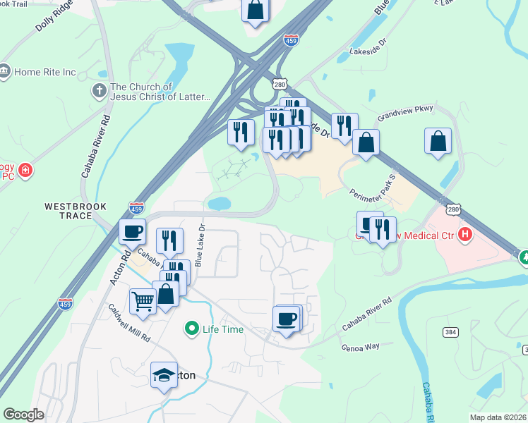 map of restaurants, bars, coffee shops, grocery stores, and more near 3525 Colonnade Parkway in Birmingham