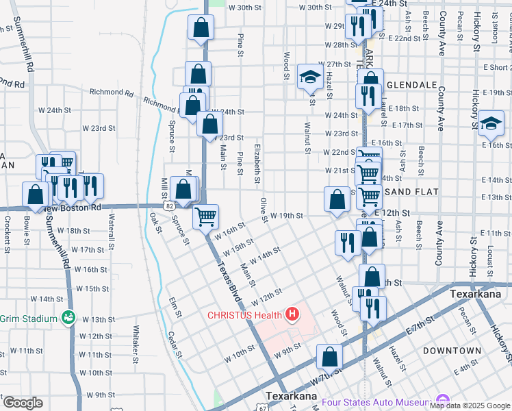 map of restaurants, bars, coffee shops, grocery stores, and more near 1907 Olive Street in Texarkana