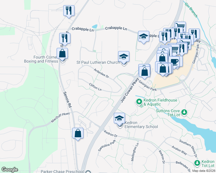 map of restaurants, bars, coffee shops, grocery stores, and more near 303 Dalston Way in Peachtree City
