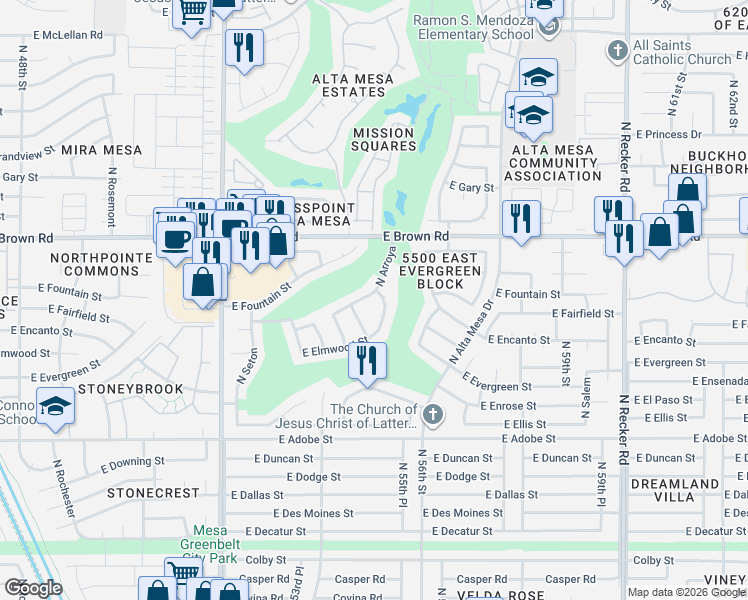map of restaurants, bars, coffee shops, grocery stores, and more near 5517 East Fairfield Street in Mesa
