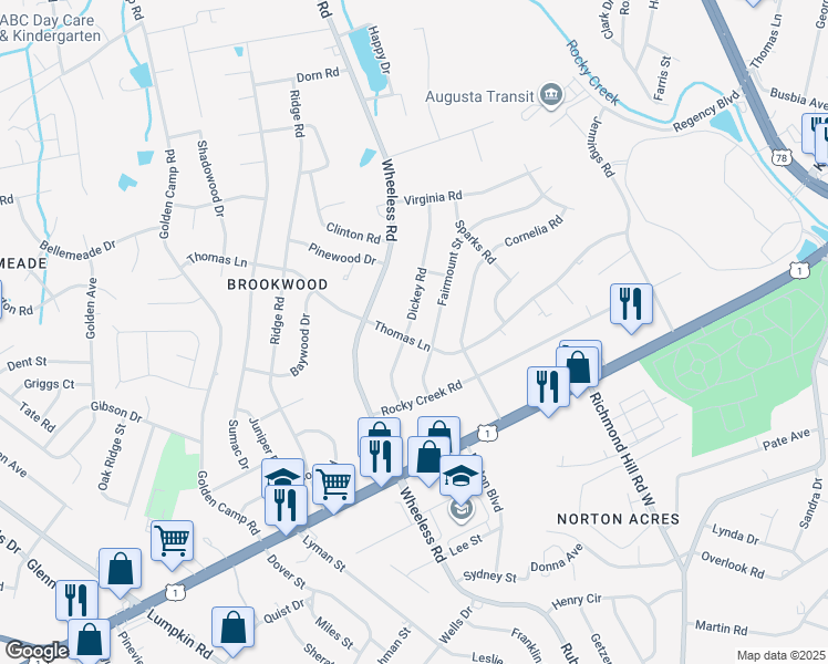 map of restaurants, bars, coffee shops, grocery stores, and more near 2851 Thomas Lane in Augusta
