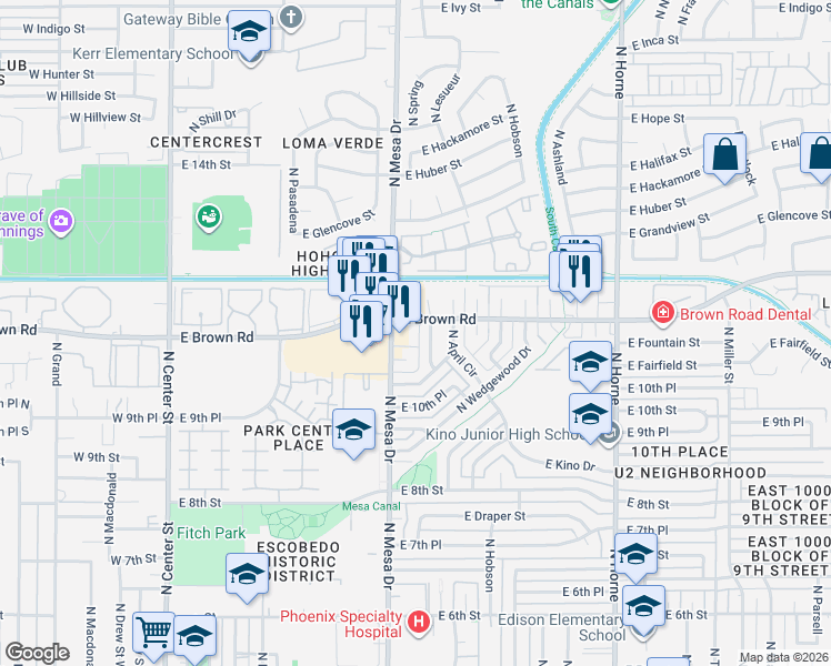 map of restaurants, bars, coffee shops, grocery stores, and more near 1105-1055 North Mesa Drive in Mesa