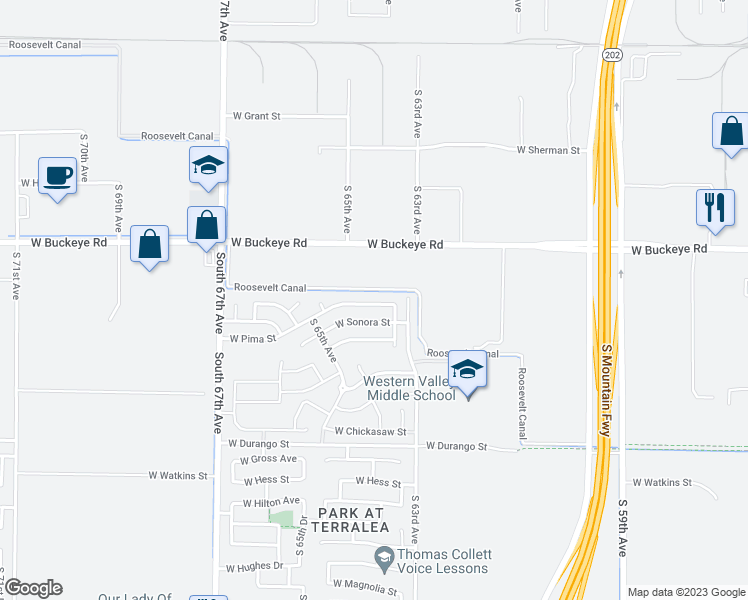 map of restaurants, bars, coffee shops, grocery stores, and more near 6334 West Pima Street in Phoenix