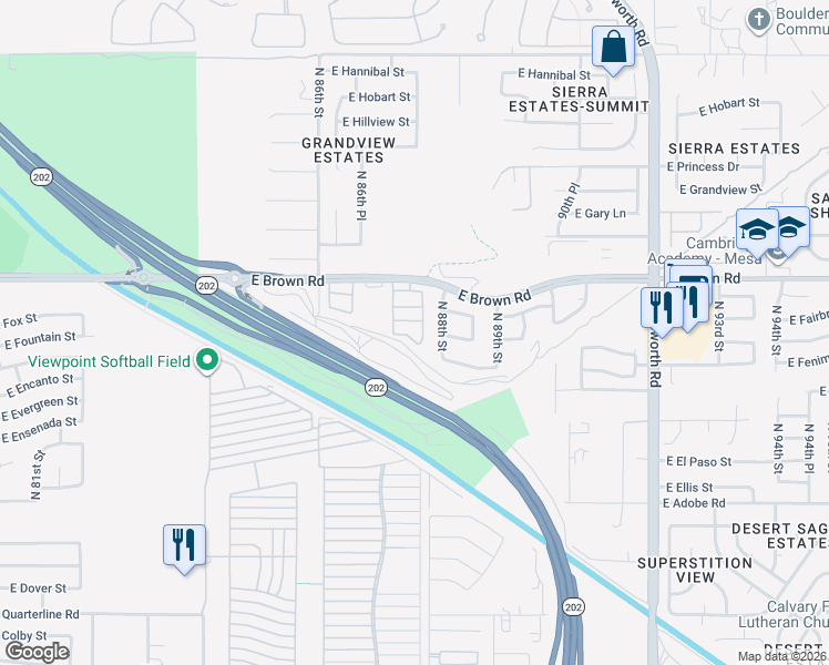 map of restaurants, bars, coffee shops, grocery stores, and more near 8750 East Fairfield Street in Mesa