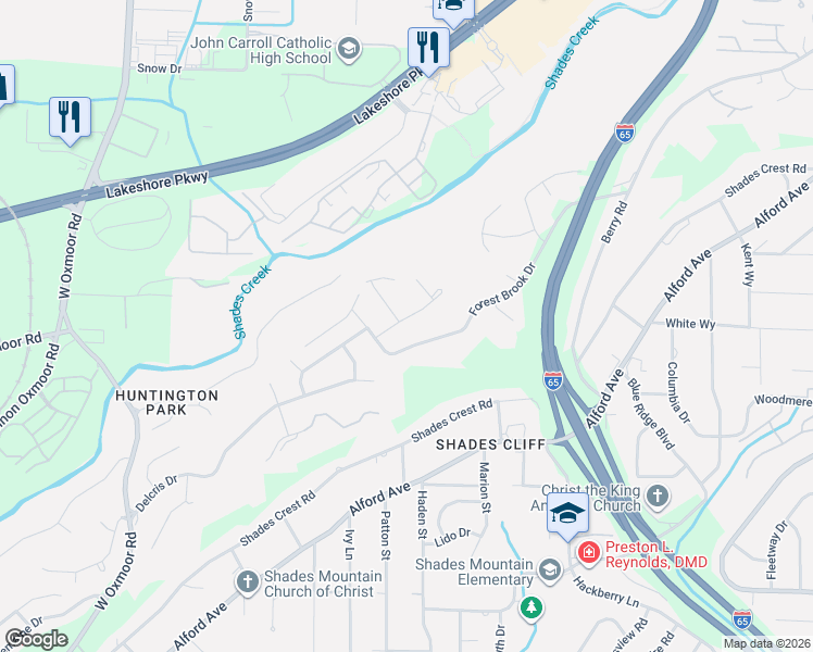 map of restaurants, bars, coffee shops, grocery stores, and more near 1009 Shades Glen Drive in Birmingham