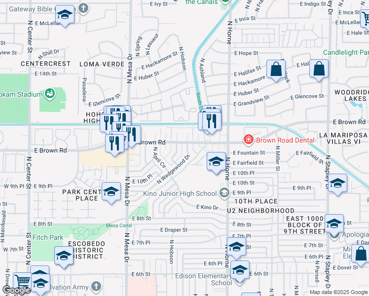 map of restaurants, bars, coffee shops, grocery stores, and more near 1104 North Wedgewood Drive in Mesa