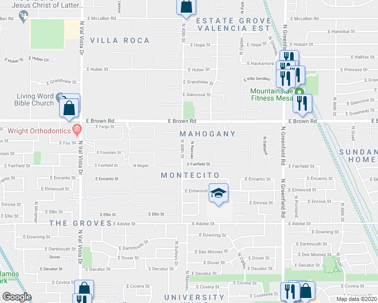 map of restaurants, bars, coffee shops, grocery stores, and more near 1056 North Nassau in Mesa