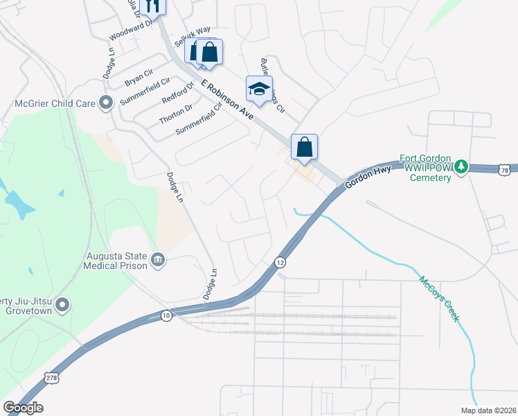map of restaurants, bars, coffee shops, grocery stores, and more near 804 Calumet Court in Grovetown