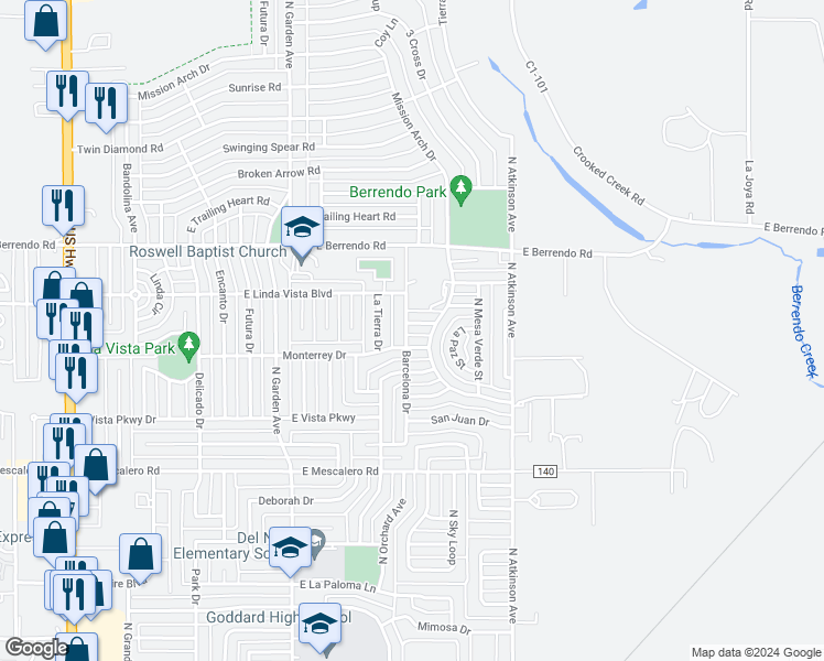map of restaurants, bars, coffee shops, grocery stores, and more near 1102 Saltillo Drive in Roswell