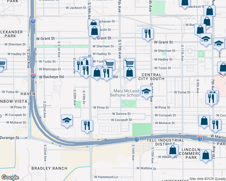 map of restaurants, bars, coffee shops, grocery stores, and more near 1722 West Yuma Street in Phoenix