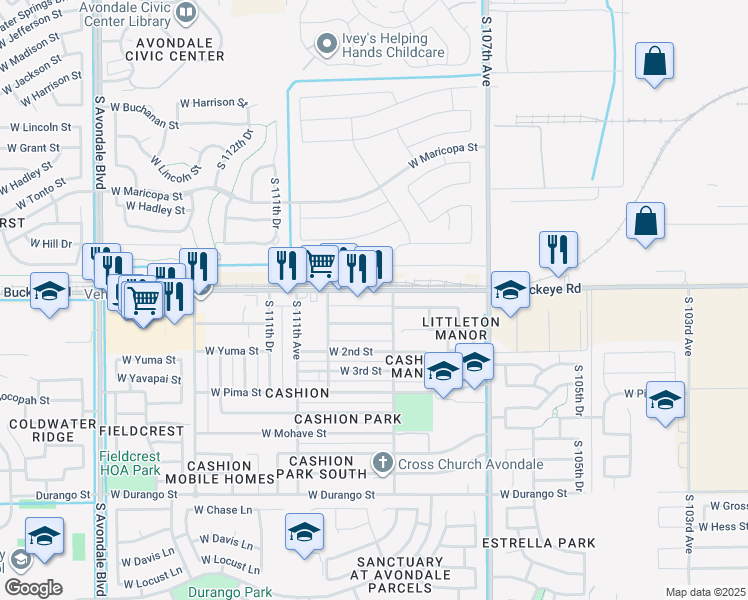 map of restaurants, bars, coffee shops, grocery stores, and more near 10901 West Buckeye Road in Avondale