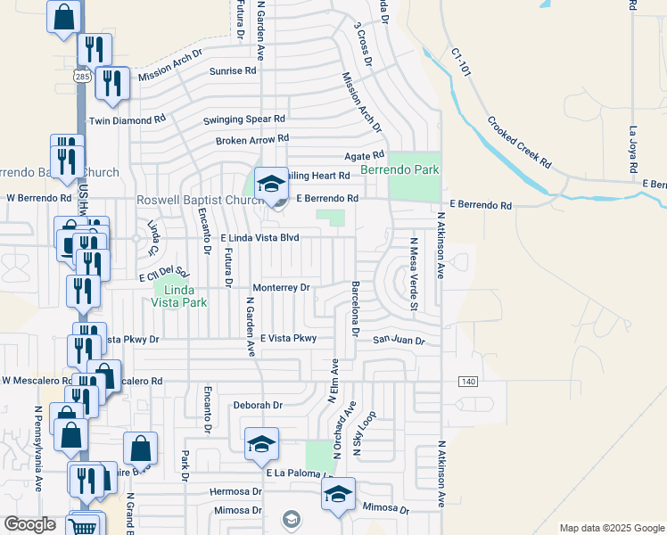 map of restaurants, bars, coffee shops, grocery stores, and more near 3105 La Tierra Drive in Roswell