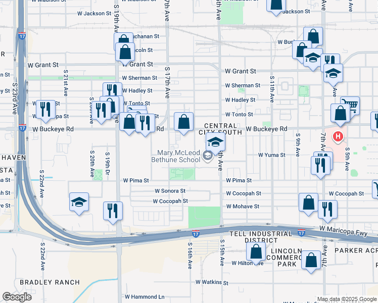 map of restaurants, bars, coffee shops, grocery stores, and more near 1603 West Yuma Street in Phoenix