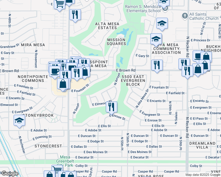 map of restaurants, bars, coffee shops, grocery stores, and more near East Fairfield Street in Mesa