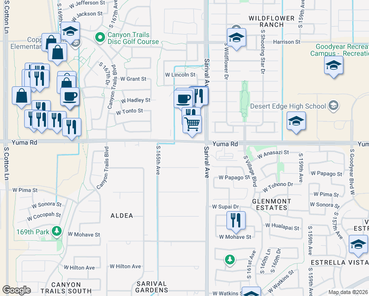 map of restaurants, bars, coffee shops, grocery stores, and more near 16385 West Yuma Road in Goodyear