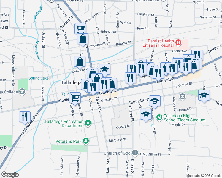 map of restaurants, bars, coffee shops, grocery stores, and more near 200 Battle Street East in Talladega
