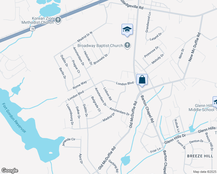 map of restaurants, bars, coffee shops, grocery stores, and more near 3611 Lisbon Court in Augusta