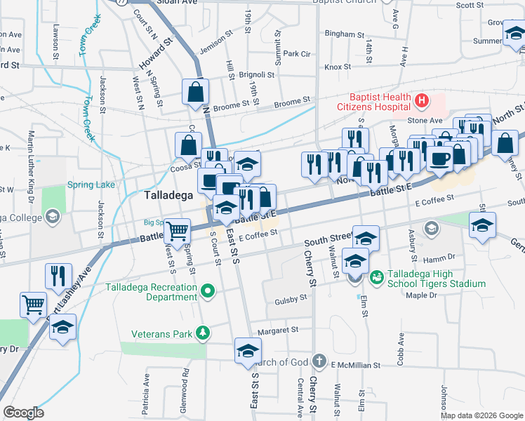 map of restaurants, bars, coffee shops, grocery stores, and more near 200 Battle Street East in Talladega