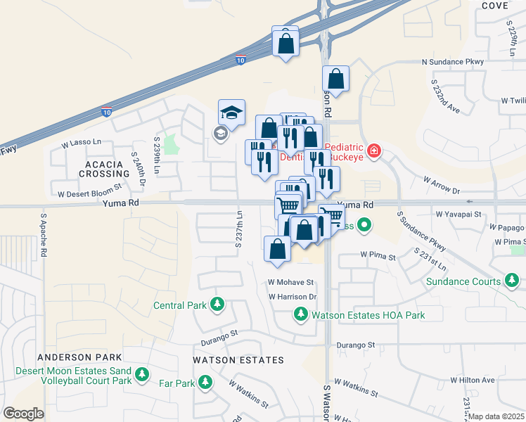 map of restaurants, bars, coffee shops, grocery stores, and more near 23683 West Yuma Road in Buckeye