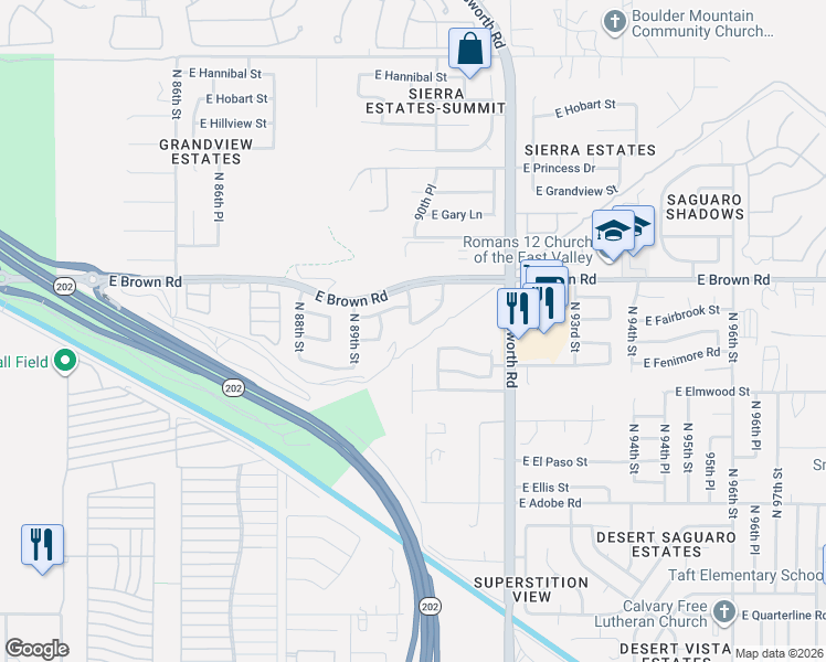 map of restaurants, bars, coffee shops, grocery stores, and more near 9015 East Fox Street in Mesa