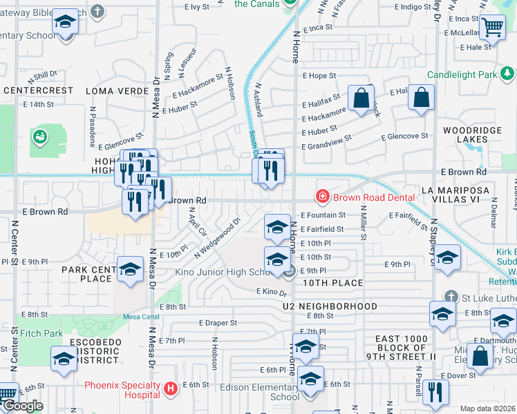 map of restaurants, bars, coffee shops, grocery stores, and more near 715 East Brown Road in Mesa