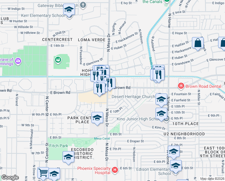 map of restaurants, bars, coffee shops, grocery stores, and more near 1105-1055 North Mesa Drive in Mesa