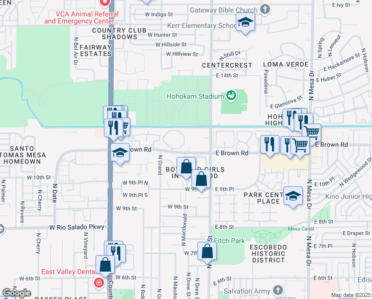 map of restaurants, bars, coffee shops, grocery stores, and more near 155 West Brown Road in Mesa