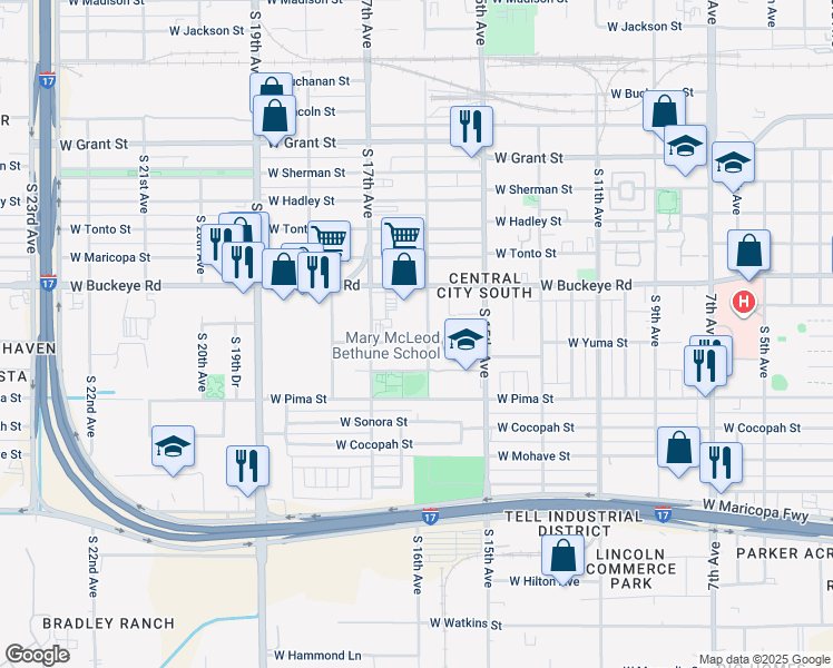 map of restaurants, bars, coffee shops, grocery stores, and more near 1603 West Yuma Street in Phoenix