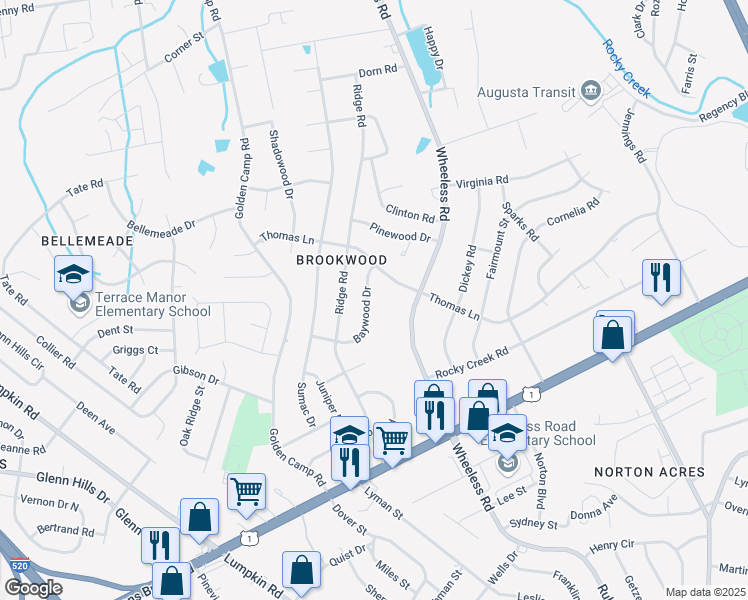 map of restaurants, bars, coffee shops, grocery stores, and more near 2410 Baywood Drive in Augusta