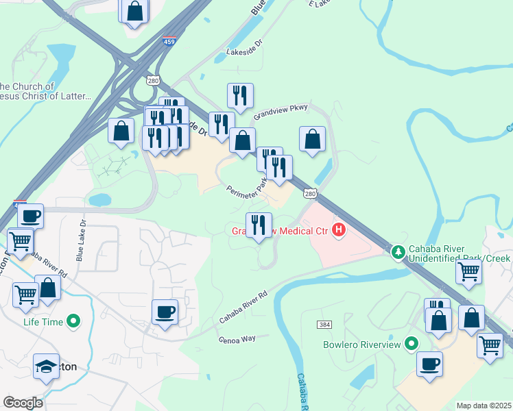 map of restaurants, bars, coffee shops, grocery stores, and more near 3590 U.S. 280 in Birmingham