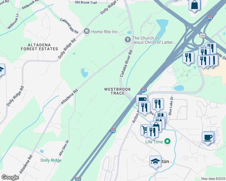 map of restaurants, bars, coffee shops, grocery stores, and more near 2329 Vestbrook Drive in Vestavia Hills