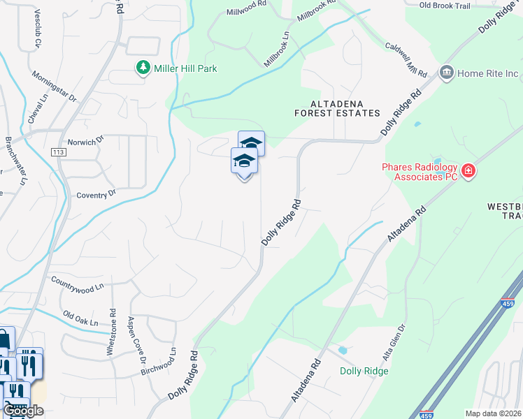 map of restaurants, bars, coffee shops, grocery stores, and more near 2625 Gresham Drive in Vestavia Hills