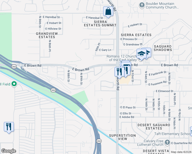 map of restaurants, bars, coffee shops, grocery stores, and more near 9015 East Fox Street in Mesa