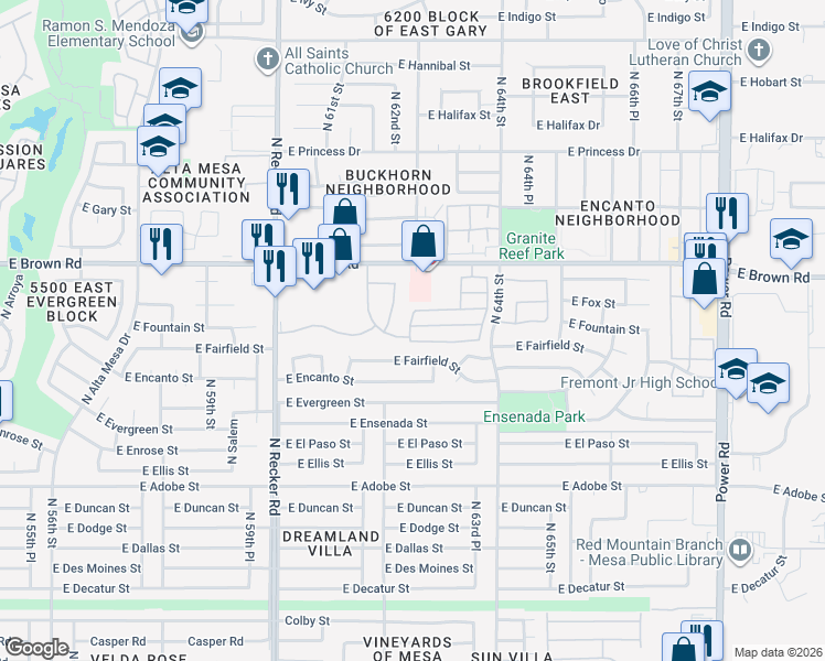 map of restaurants, bars, coffee shops, grocery stores, and more near 1055 North Recker Road in Mesa