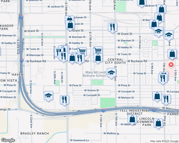 map of restaurants, bars, coffee shops, grocery stores, and more near 1702 West Yuma Street in Phoenix