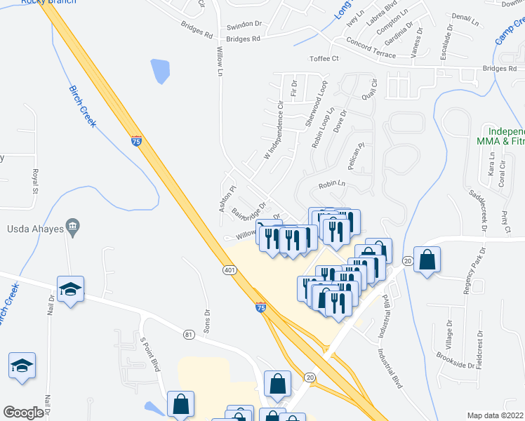 map of restaurants, bars, coffee shops, grocery stores, and more near 200 Sheraton Court in McDonough