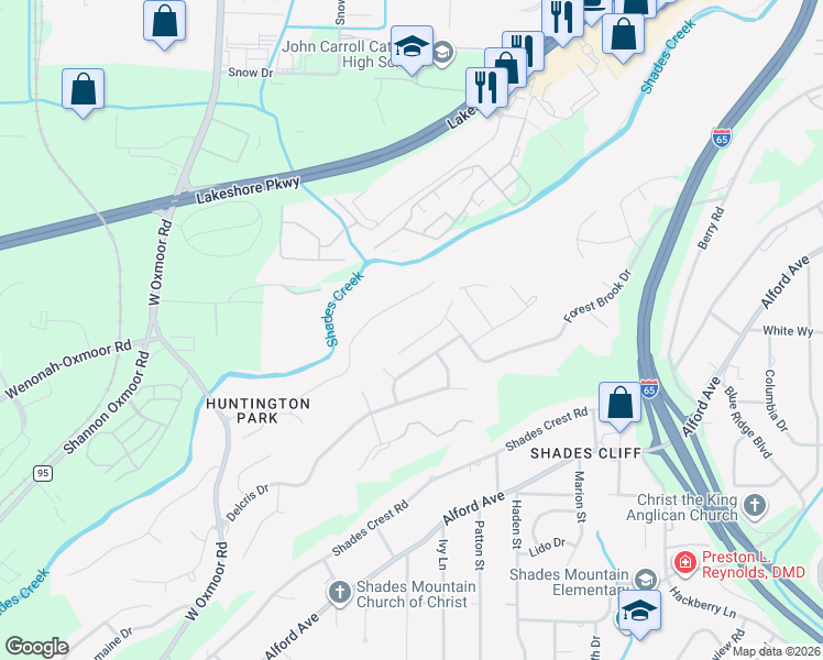 map of restaurants, bars, coffee shops, grocery stores, and more near 2333 Huntington Ridge Rd in Birmingham