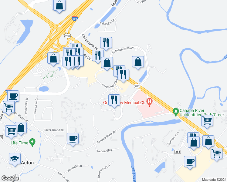 map of restaurants, bars, coffee shops, grocery stores, and more near 3590 U.S. 280 in Birmingham