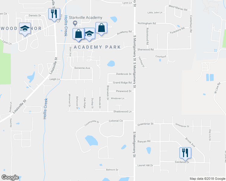 map of restaurants, bars, coffee shops, grocery stores, and more near 114 Pinewood Drive in Starkville