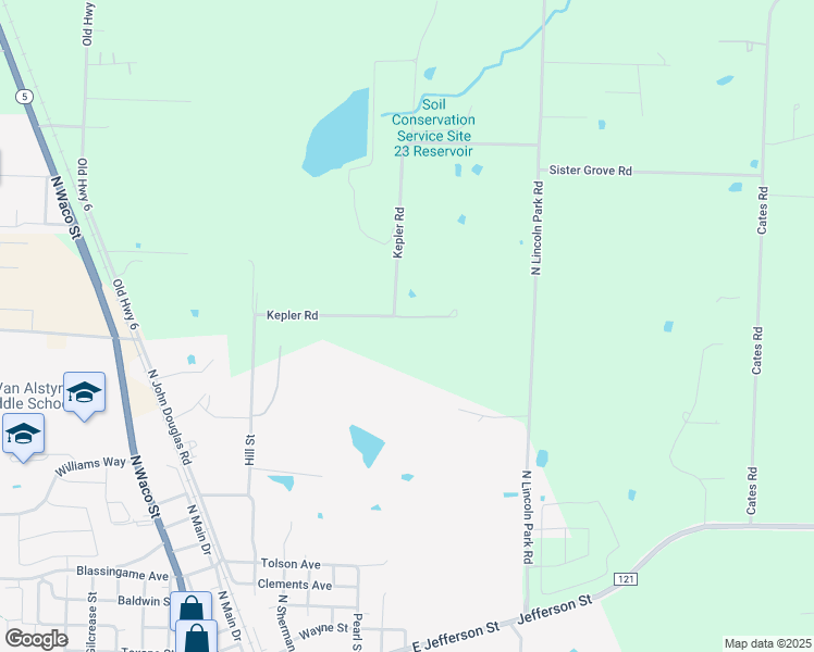 map of restaurants, bars, coffee shops, grocery stores, and more near 70 Kepler Road in Van Alstyne